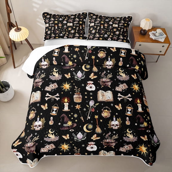 Homewish Halloween Witch Twin Quilt Set for Kids Girls, Magic Book Twin Coverlet Set, Black, 2pcs 1 Bedspread and 1 Pillowcase