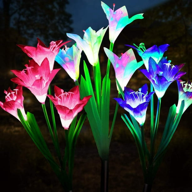 Lumières Extérieures de Jardin Solaire, 3 Pack Lampes Solaires avec 12 Fleurs de Lys, Multicolore Changeant LED Éclairage de Paysage Solaire pour Jardin, Patio