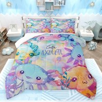 jejeloiu Colorful Cute Axolotl Bedding Comforter Set,Watercolor Oil Painting Twin Comforter Sets,Ocean Sea Animal Bedding Set For Girl,Luxury Bedroom Decor,2-Piece
