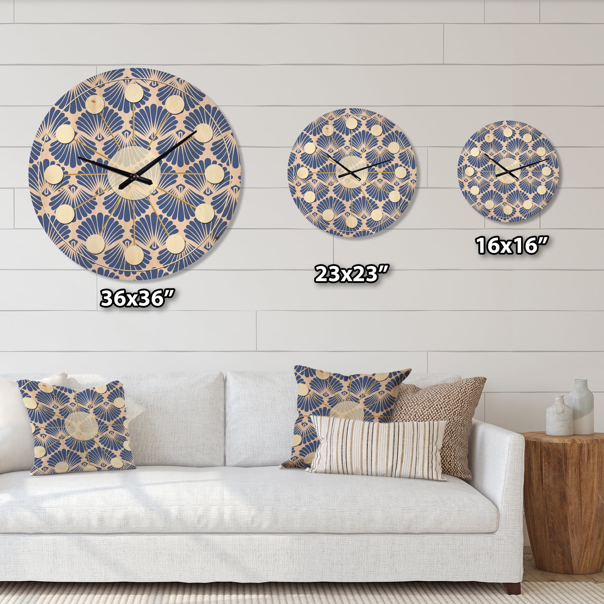 Designart 'Blue Waves Retro Pattern' Mid-Century Modern Wood Wall Clock