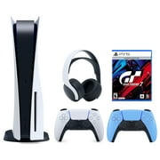 Sony Playstation 5 Disc (PS5 Disc) with Extra Blue Controller, Gran Turismo 7 Launch Edition and White PULSE 3D Headset Bundle