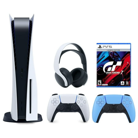 Sony Playstation 5 Disc (PS5 Disc) with Extra Blue Controller, Gran Turismo 7 Launch Edition and White PULSE 3D Headset Bundle