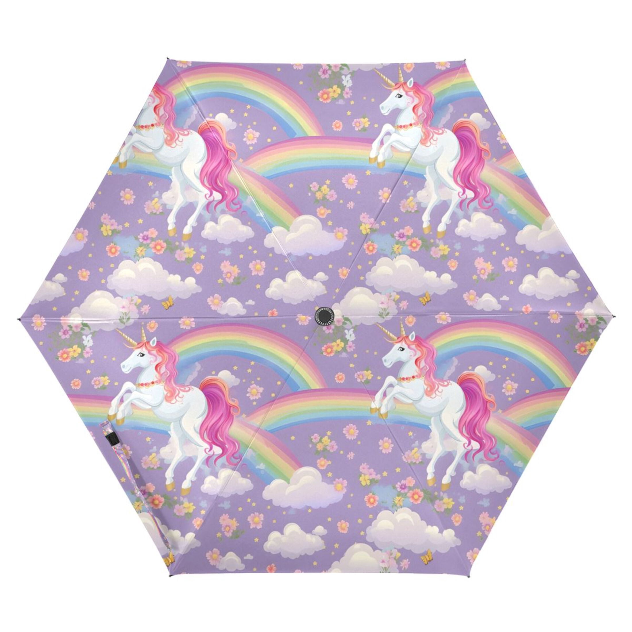 Unicorns and Rainbows Compact Folding Umbrella for Rain Windproof Travel Umbrella UPF 50+ Lightweight Packable Arc Size