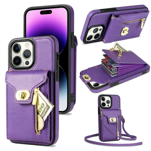 For iPhone 16 Pro Wallet Case, Crossbody Strap Phone Case with Zipper Card Holder, RFID Blocking PU Leather Cover for Women, Adjustable Anti-Theft Zipper Pocket for iPhone 16 Pro,Purple