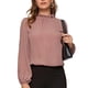 thumbnail image 1 of Blusa de gasa transpirable con mangas de farol rosa, cuello alto, color puro, perfecta para el hogar, la oficina, las compras y los viajes. Talla XL, 1 of 6