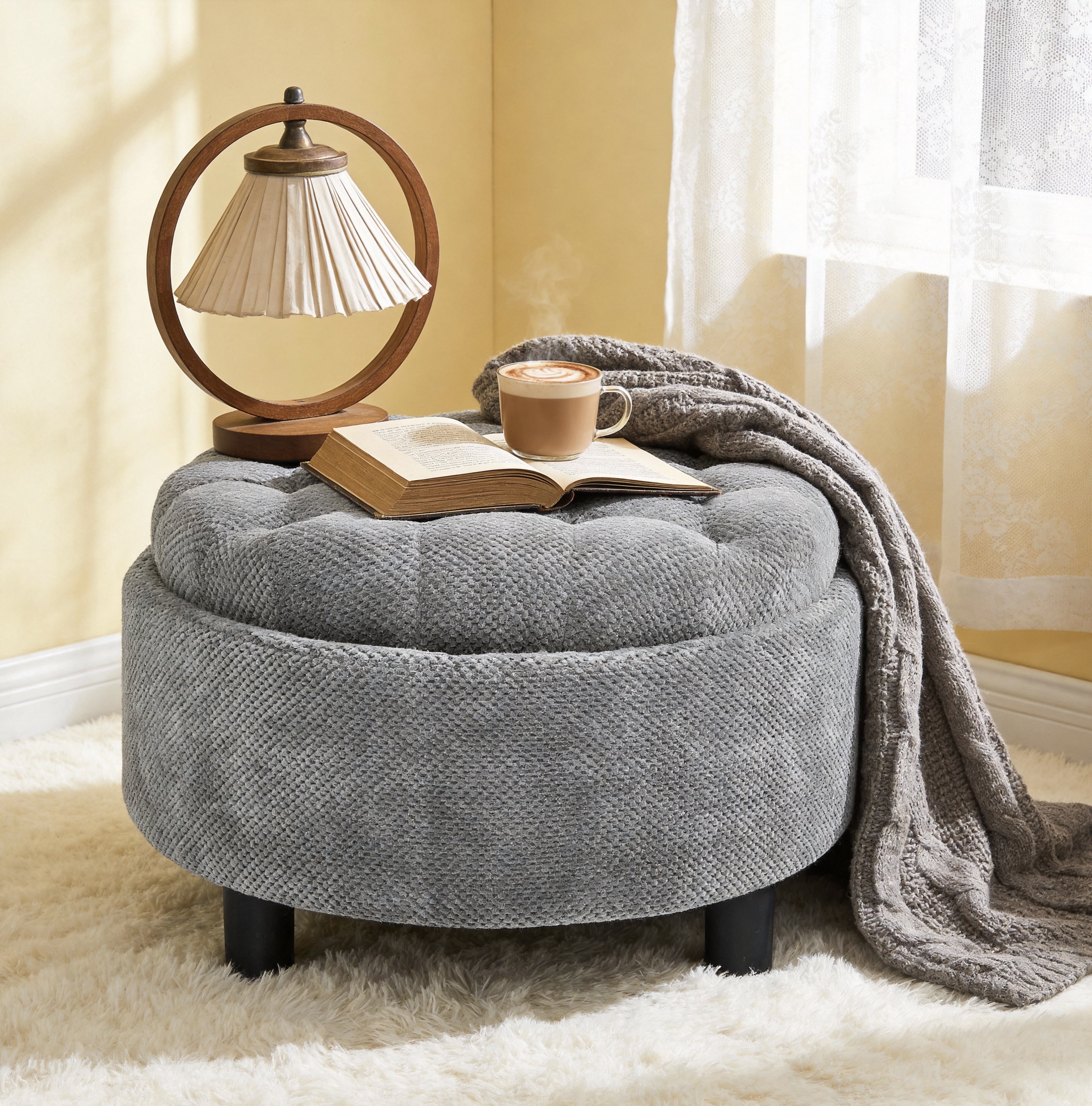Leumius Storage Ottoman Bench,Round Coffee Table Ottoman,Wooden Top Side Table with Hidden Storage for Living Room,Bedroom,LIGHT GREY