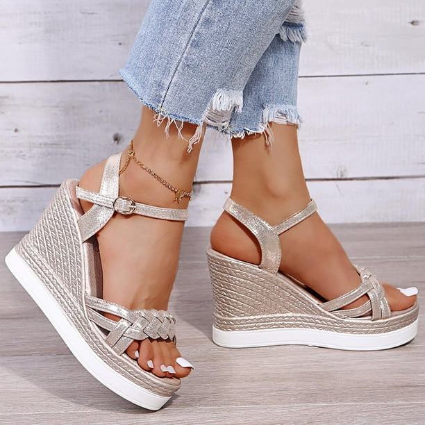 Zapatos de mujer de verano Boca de pescado Tacón de cuña medio Sandalias de mujer con hebilla de metal Wmkox8yii nm9567