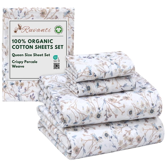 RUVANTI 100% Organic Cotton Sheets - Queen Sheet Set - 4 Piece Percale Weave Bedding, Crisp, Cooling & Breathable, Soft & Durable, 16" Deep Pocket, Hotel Quality Sábanas - Tranquil