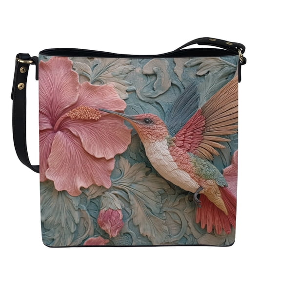 Kuiaobaty Hummingbird Print Bucket Crossbody Bag for Women, Hibiscus Print Vegan Leather Bucket Tote Bag Handbag Crossbody, Casual Shoulder Purse with Adjustable Strap for Travel, Blue