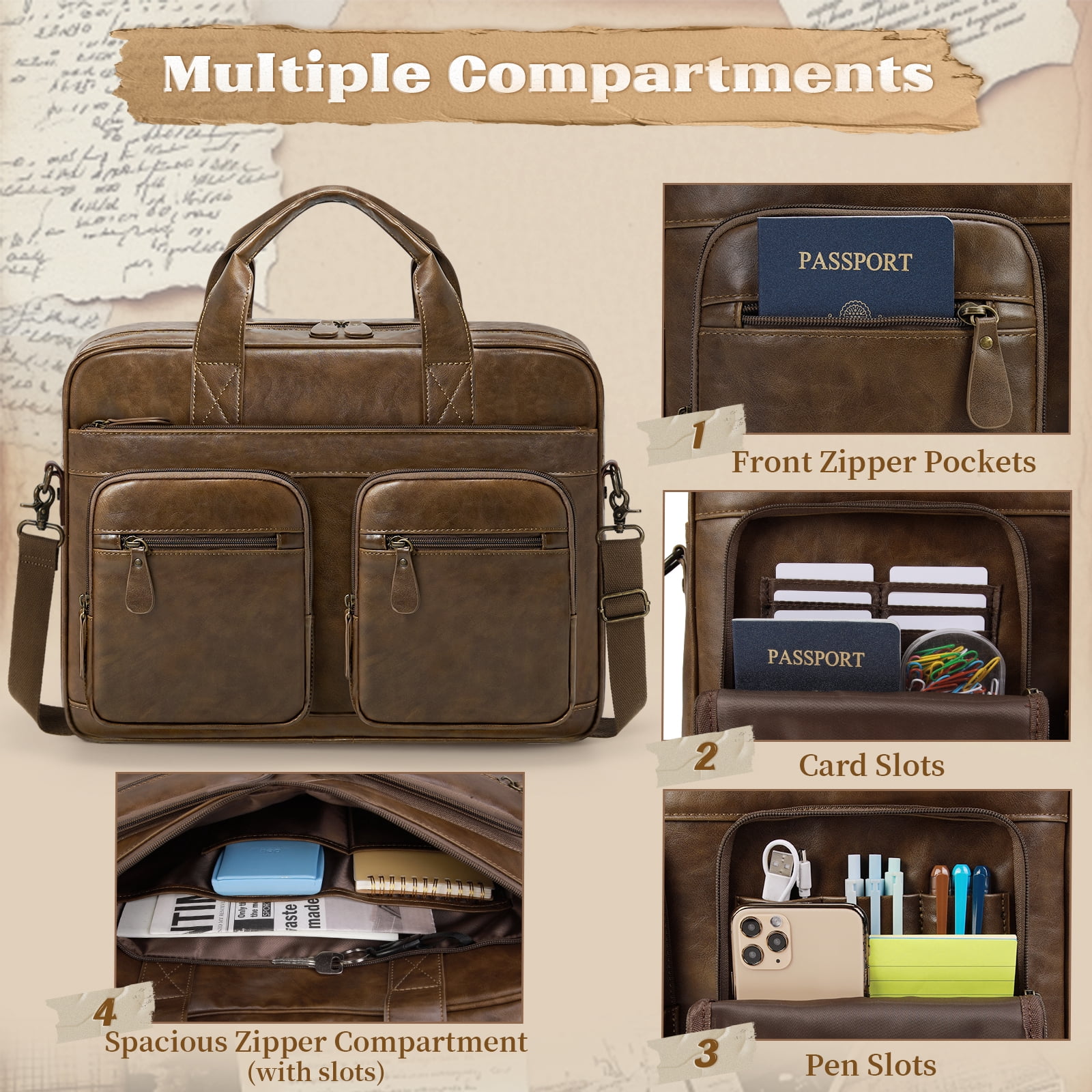RAINSMORE 15.6 Inch Messenger Bag for Men Vintage PU Leather Laptop Bag Waterproof Computer Briefcases for Men Retro Mens Briefcase Satchel Bag for Work Office Business Travel,Brown