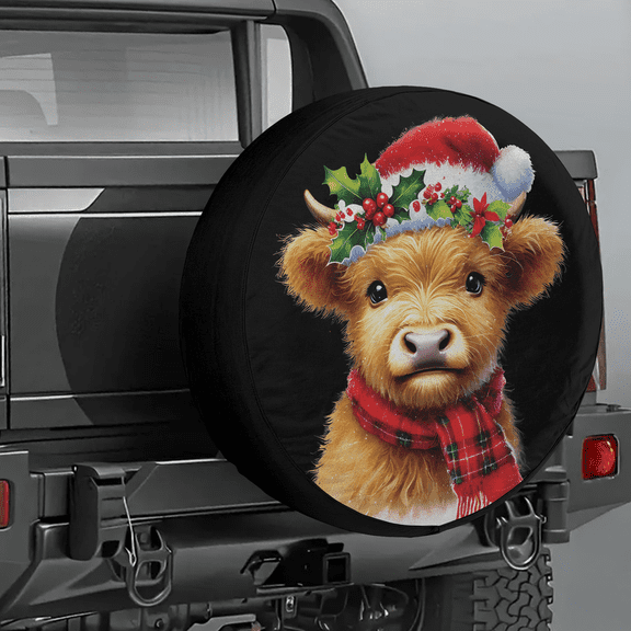 Lotusprinthandmade Christmas Baby Highland Cow With Lights Spare Tire Cover Without Backup Camera Hole 6 Sizes (27 in.) – Christmas Graphic Cover