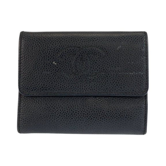 Pre-Owned CHANEL Coco Mark Black Leather Folding Wallet Compact for Women