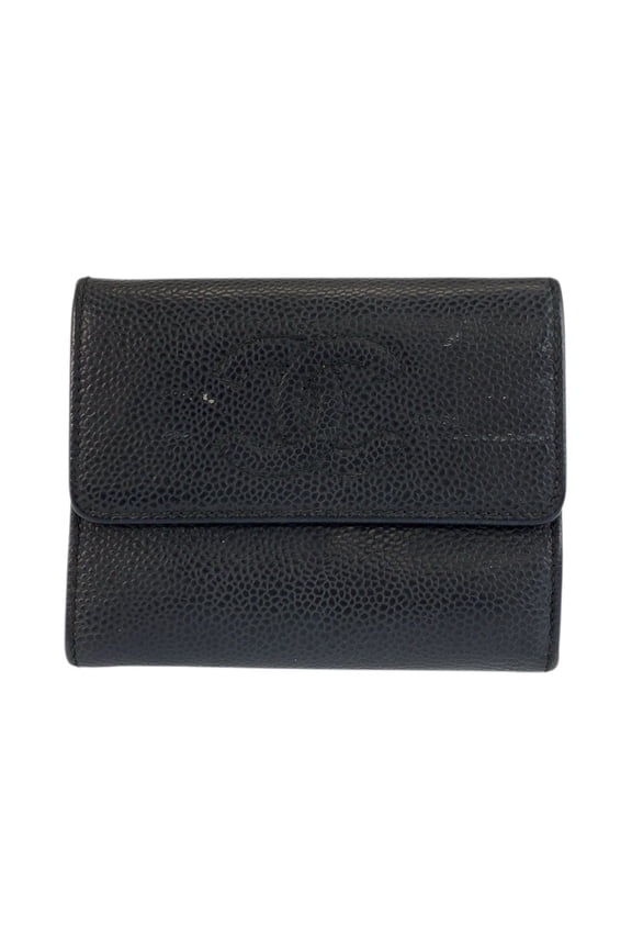 Pre-Owned CHANEL Coco Mark Black Leather Folding Wallet Compact for Women