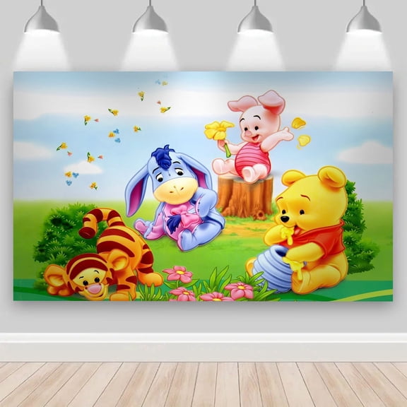 Winnie the Pooh birthday background, horizontal rectangular design, perfect for home, garden, outdoor activities, spring and summer decoration, Ramadan, Easter