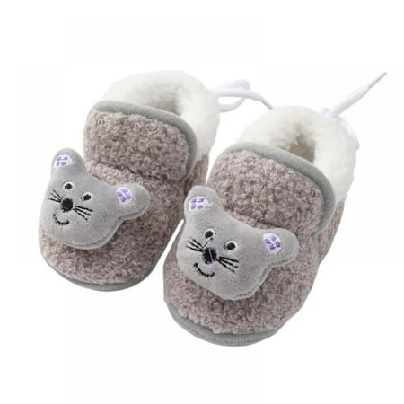 

Baby Boys Girls Fluffy Slipper Infant Winter Cartoon Soft Sole Shoes Toddler Snow Warm Prewalker Newborn Plush Boots for Indoor Outdoor Gray