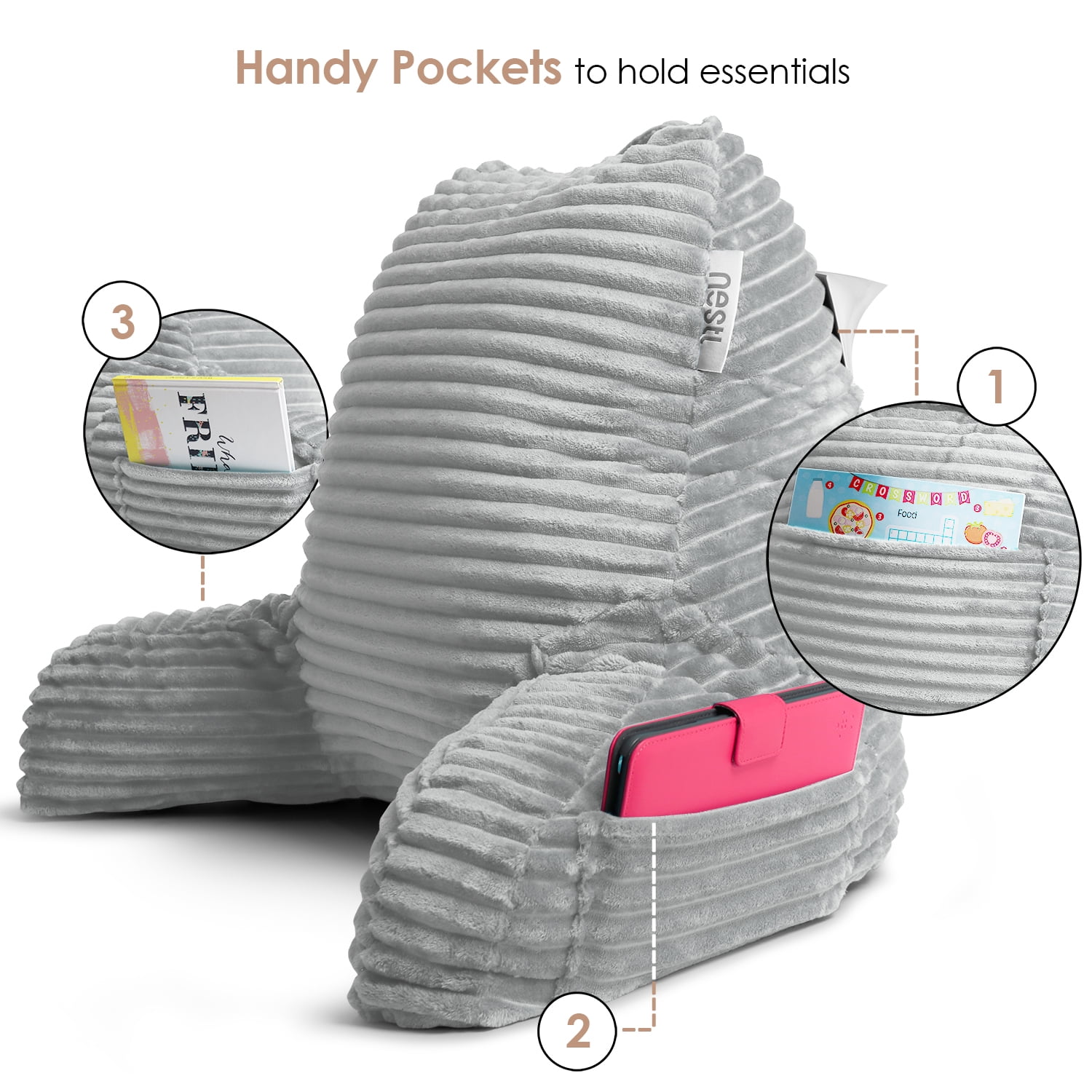 Nestl Backrest Reading Pillow with Blanket, Back Support Pillow with Arms, Shredded Memory Foam Bed Rest Pillow and Throw Blanket,&nbsp;Silver
