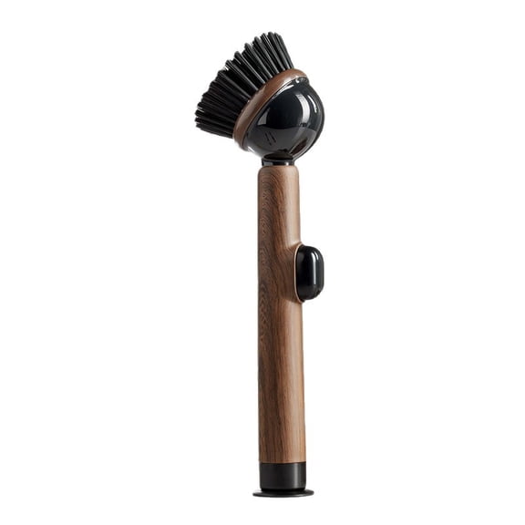 Greenpod Wood Grain Suction Cup Standable Liquid Storage Pot Brush, Long Handle Non Scratch Kitchen Cleaning Brush with Press Dispenser