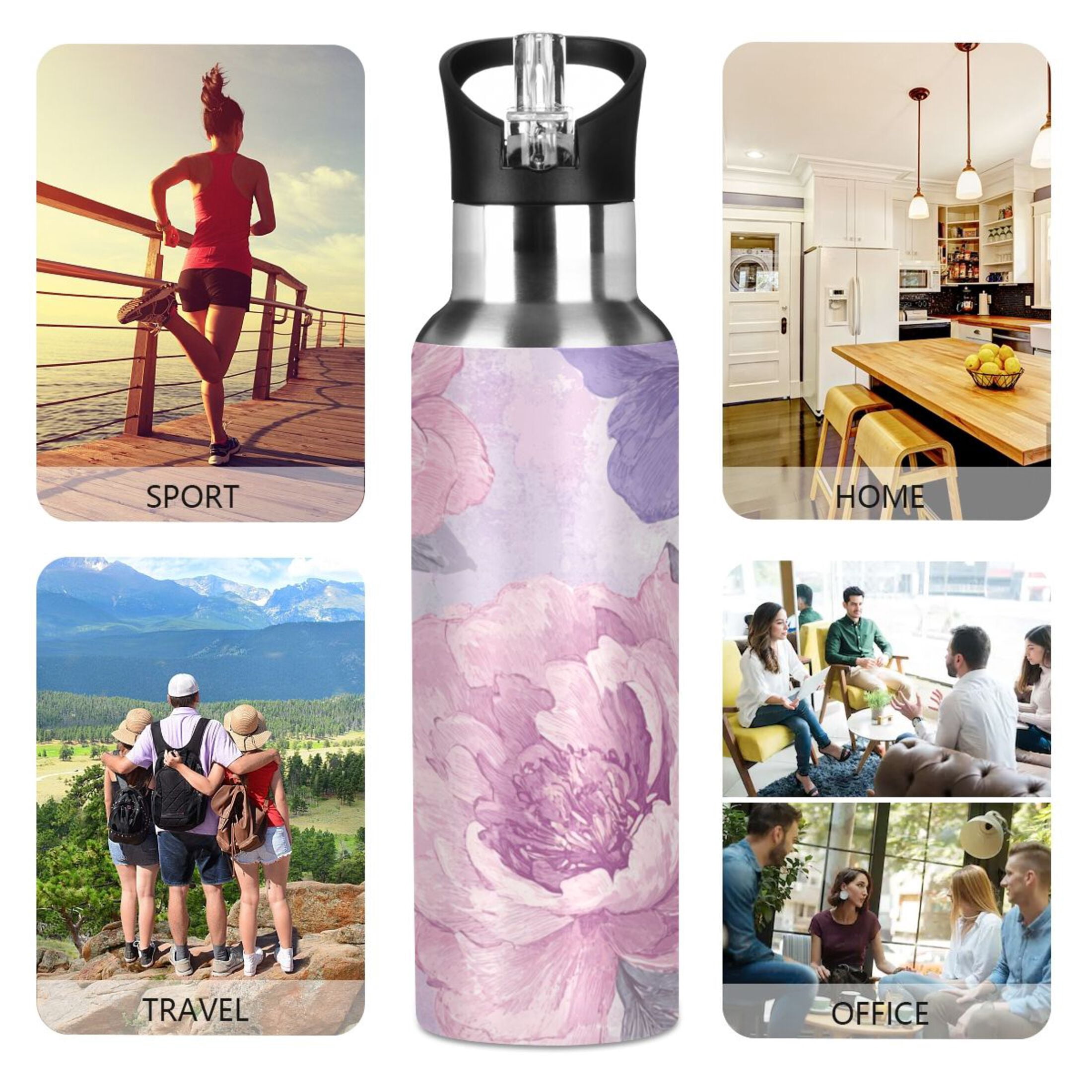 Pink and Lilac Peony Flowers Sports Bottle with Straw Stainless Steel Water Jug Portable Thermal Cup Leak-proof 600ML