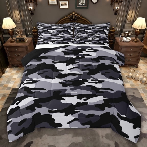 jejeloiu Wild Military Camo Twin Comforter Sets,White Black Gray Bedding Set For Kids Reversible 2-Piece