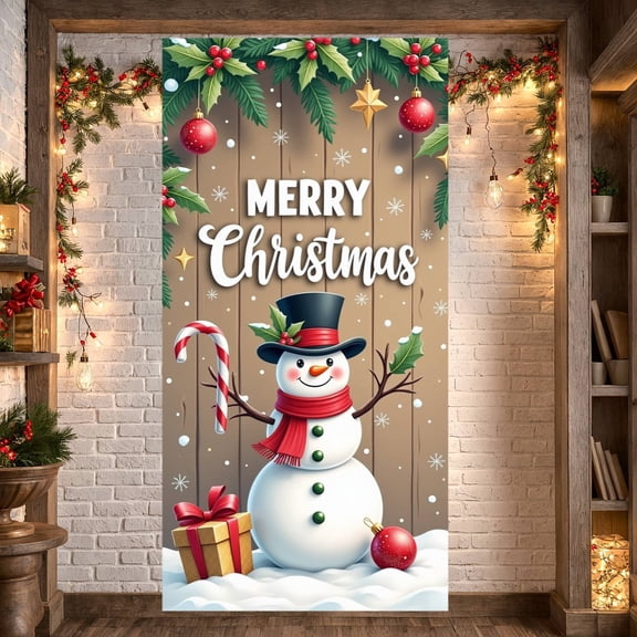 Snowman Design Christmas Banner Christmas Ornaments Xmas Display Candy Cane Gift Box Holiday Backdrop for Christmas Party Indoor Celebration Family Event