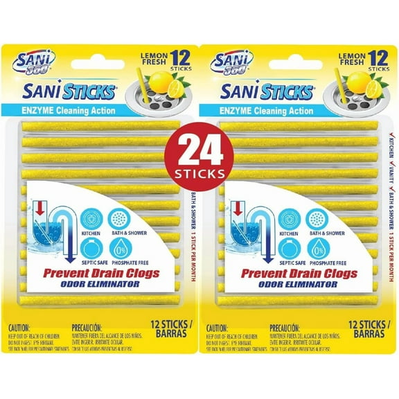 Sani Sticks Drain Cleaner and Deodorizer, 24 Count, Lemon Scent Enzyme Pipe Cleaners, Eliminate Odors, Prevent Clogged Drains, Safe for Sinks, Bathtub Drains, Septic Tanks