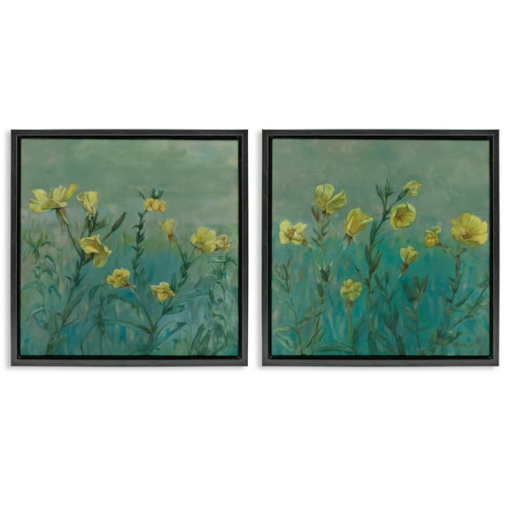 Stupell Industries Evening Primrose Flower Unfurling Plants & Flowers Painting Black Floater Framed Canvas Art Print Wall Art, 18 x 18, Set of 2