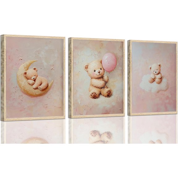 Hieng Bear Canvas Wall Art Teddy Bear Prints Painting Cloud Balloon Moon Nursery Wall Decor Posters Pink Nursery Canvas Baby Boy Girl Nursery Pictures for Playrooms（Only canvas）