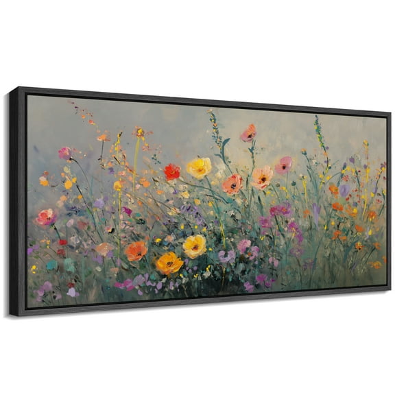 Large Framed Canvas Print Vibrant Blooming Wildflowers ImpressionistWall Art Decorative Ready to Hang Painting for Living room Bedroom 60x30 inches Black Frame