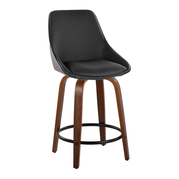 Carson Carrington  Alba 24" Fixed-Height Upholstered Counter Stool with Bent Wood Legs & Round Footrest (Set of 2) Black Faux Leather/Walnut