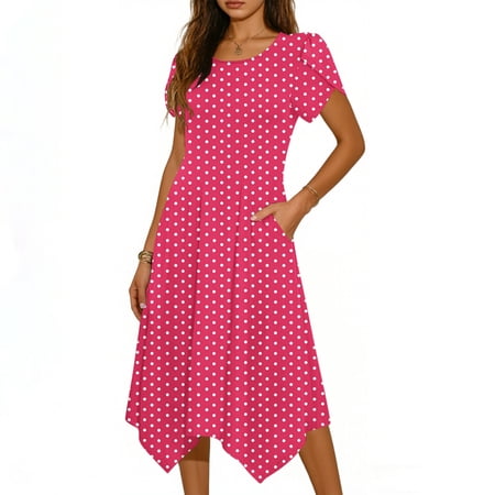 asdoklhq Velvet Dress for Women Fashion Women s Casual Short Sleeve Ladies Print Round Neck Dress Irregularly Skirt Watermelon Red S