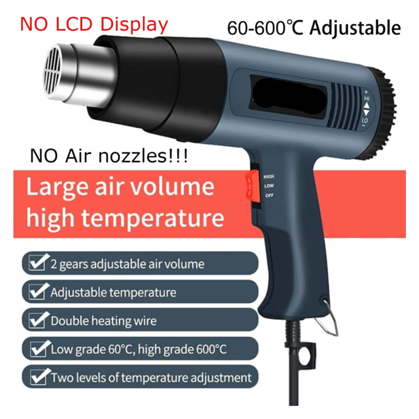 2000W Heat Gun Professional Hot Air Gun Adjustable Temperature 60-600 D 4 Nozzles for DIY Stripping Paint Shrinking PVC and Home ,Variable Temperature