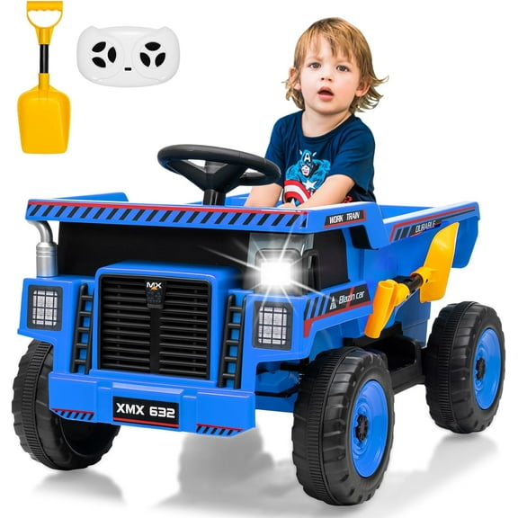 EastVita 12V Kids Ride On Dump Truck with Remote Control Electric Car Toy for Toddlers Ride On Construction Vehicles with Electric Dump Bed,Shovel, LED Lights,Music White