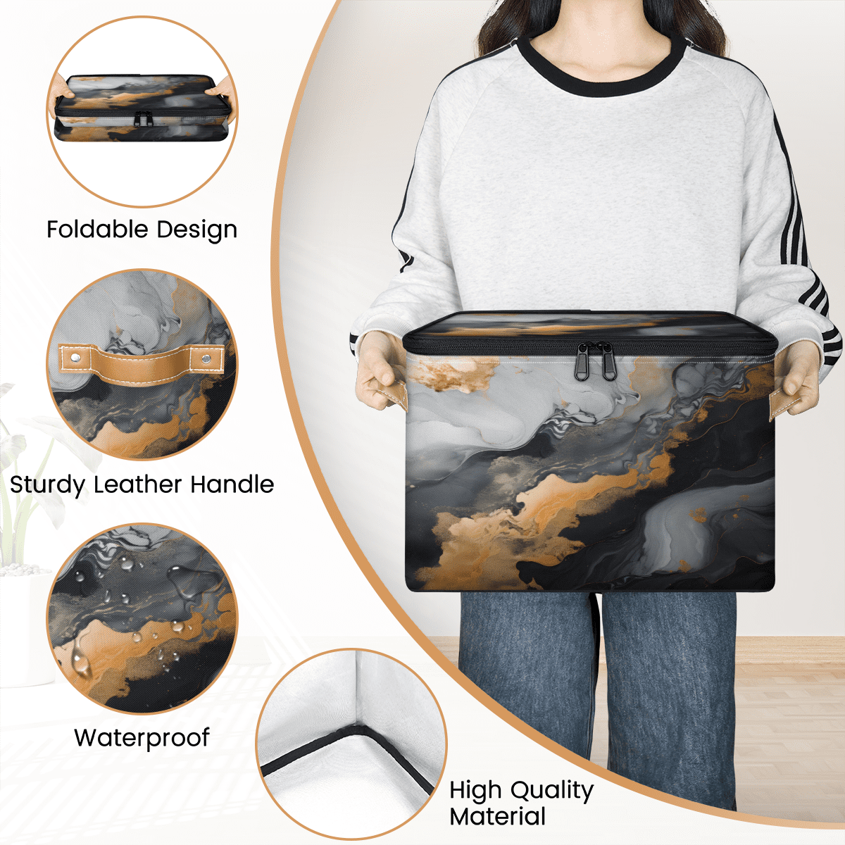ADECORIVY Marble Design Storage Bin with Zipper Lid, Fabric Storage Baskets Boxes with Handles, Decorative Clothes Organizer Containers for Shelves, Wardrobe, Closet