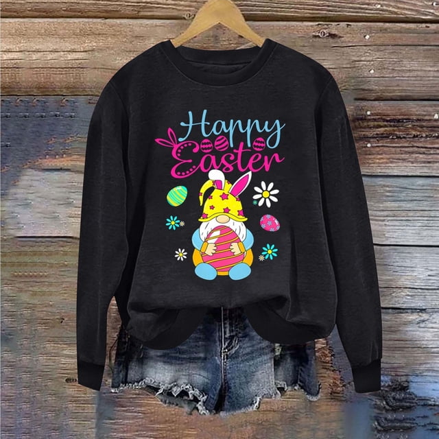 Jsaierl Chandails de Pâques pour Femmes Tendance Imprimé Graphique Lapin Pulls Décontractés Manches Longues Col Rond