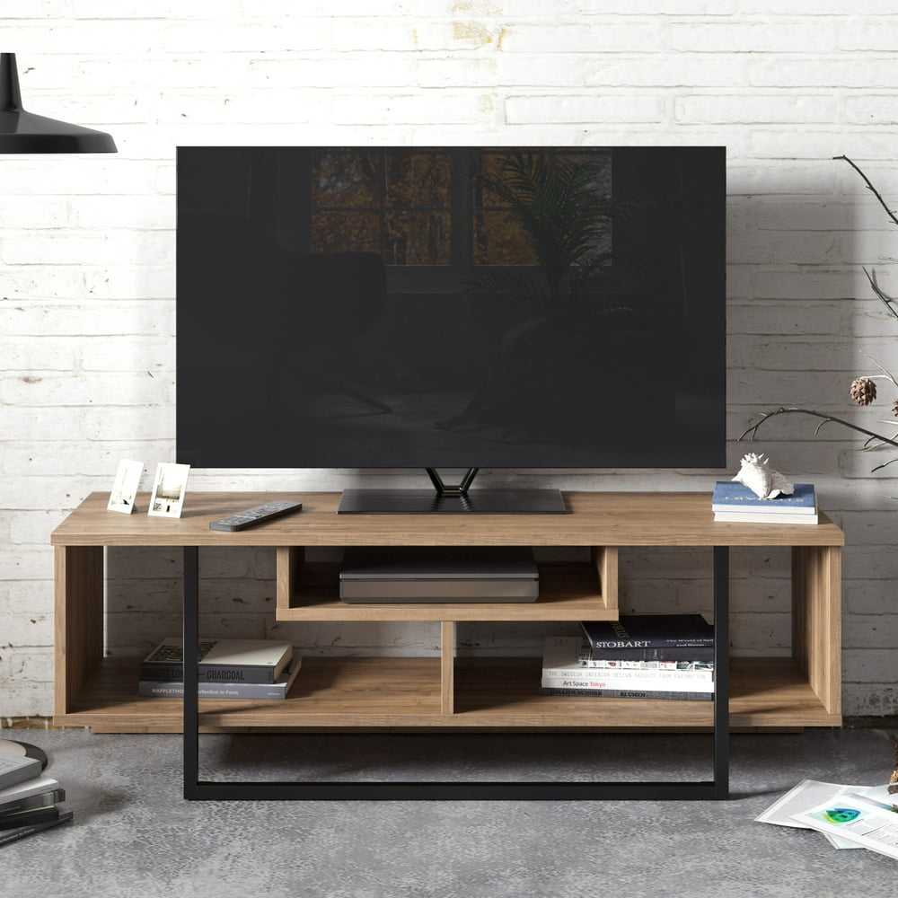 Asal 47" Wide Modern Metal Wood TV Stand, Melamine Finish, Walnut & Black