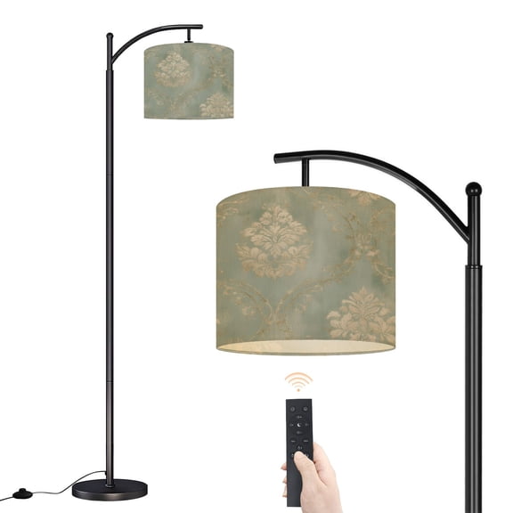 Arc Floor Lamp with Adjustable Lampshade Vintage Damask Gold Distressed Green Standing Lamp 3 Color Temperatures Dimmable Tall Pole Lamp with Foot Switch for Bedroom