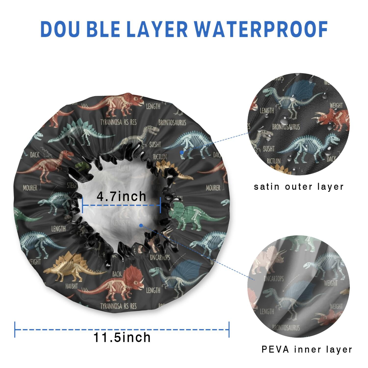 Shower Caps,Black Cartoon Dinosaurs Infos Pattern Waterproof Shower Cap for Women 4 Pieces,Double Reusable Hair Cover for Shower PEVA Elastic Stretch Hem