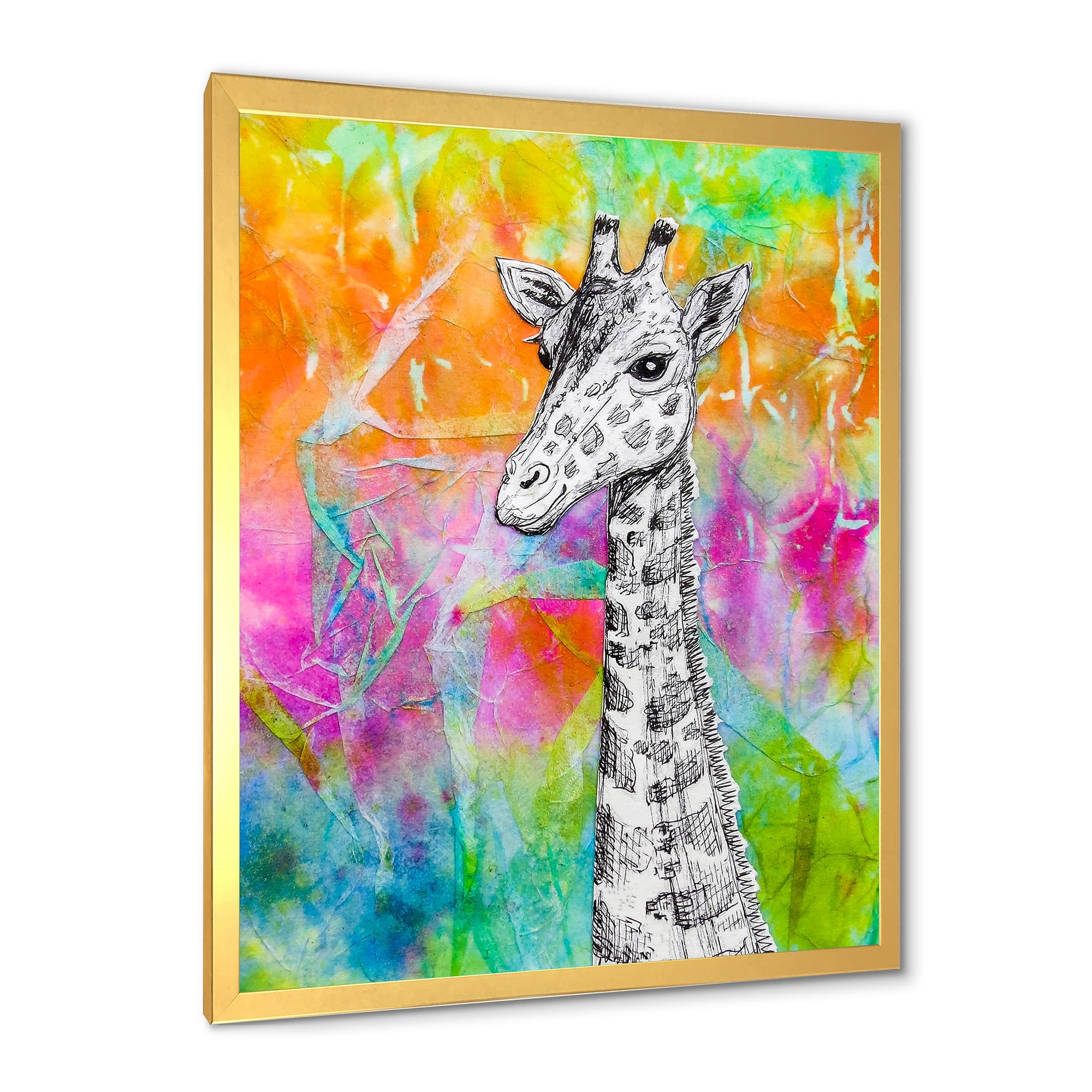 Designart 'Monochrome Giraffe Drawing On Bright Rainbow' Children's Art Framed Art Print