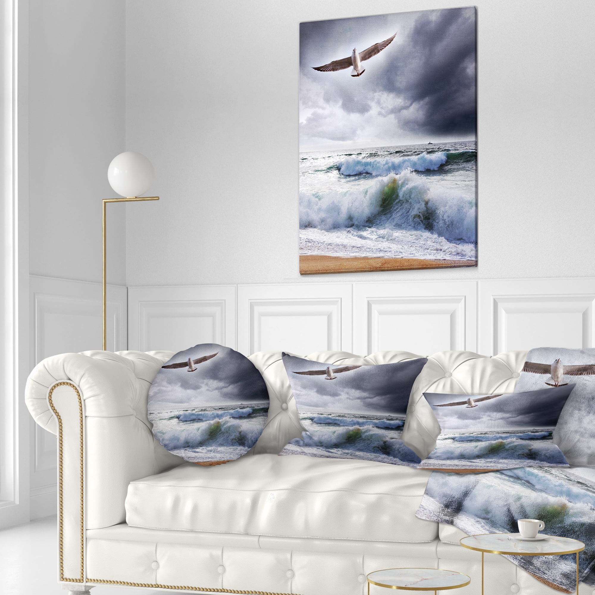 Designart Large Seagull over Stormy Waves - Modern Beach Throw Pillow - 12x20
