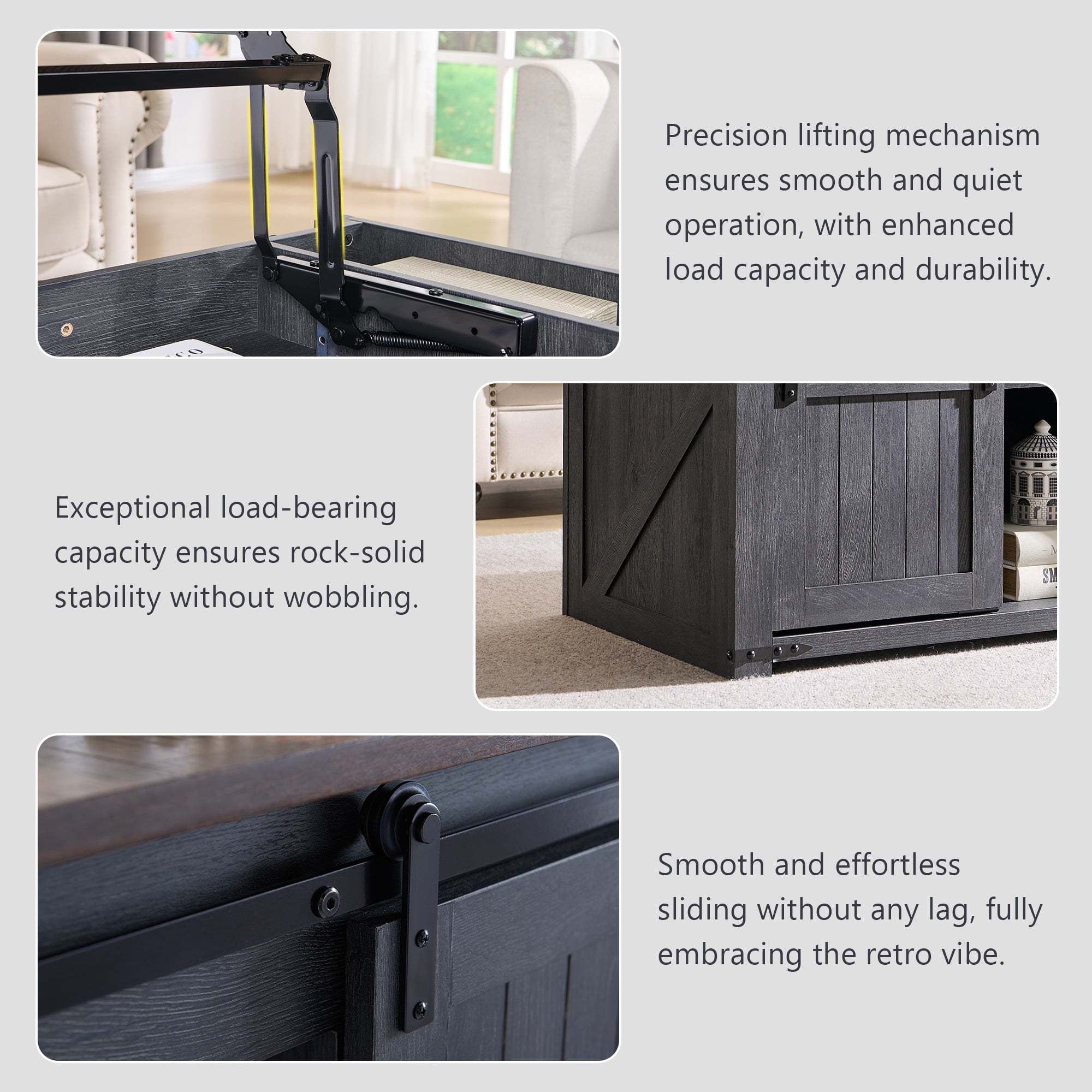 SinCiDo Farmhouse Coffee Table with Storage for Living Room, Lift Top Coffee Table w/Sliding Groove Barn Door