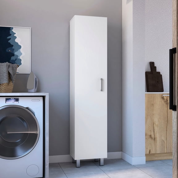 White 71-inch storage cabinet with four shelves three broom holders and a large door for organized clutter - free storage