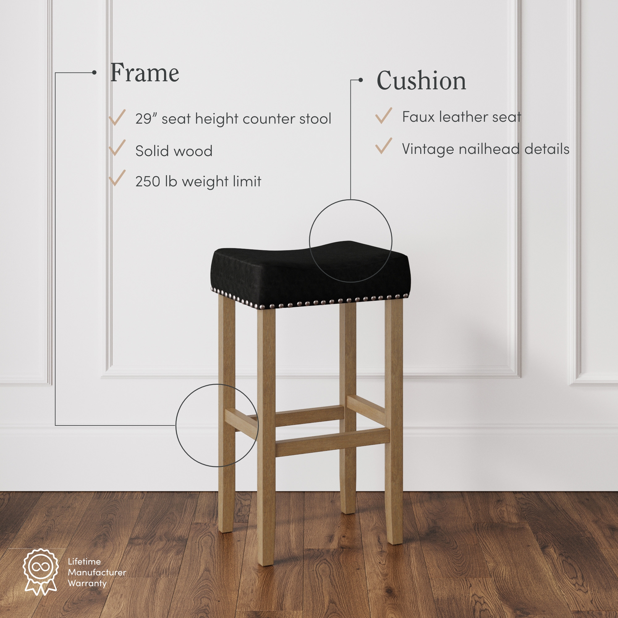 Nathan James Hylie Nailhead Wood Pub-Height Counter Bar Stool 29" Black Fabric Cushion Light Brown Finish
