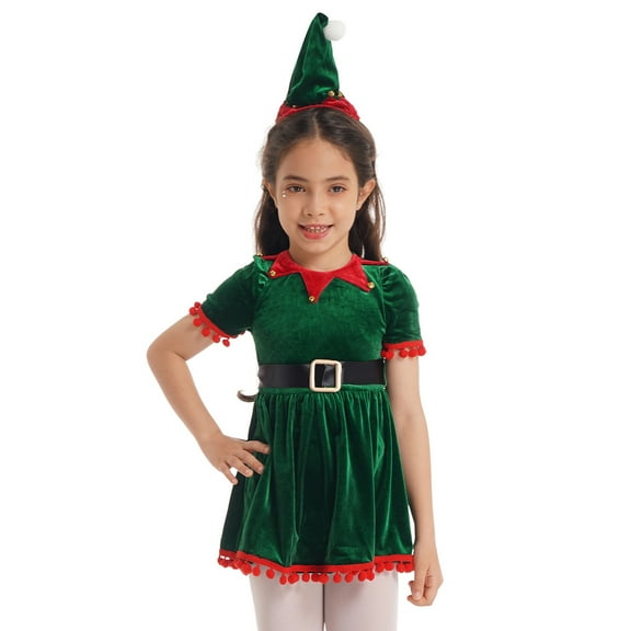 YONGHS Kids Girls Elf Dress Up Costume Christmas Velvet Dress Hat Outfit 9M-14T A Green 7-8