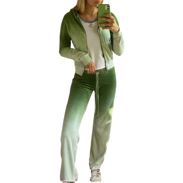 FOCUSNORM 2Pcs Women Juniors Casual Tracksuit, Solid Color/Gradual Color Hooded Crop Tops + Pants