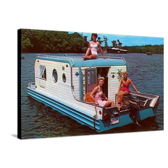 Art.com Houseboat with Bathing Beauties Stretched Canvas Print Wall Art, 36" x 24"