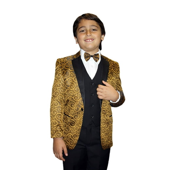 B-Bellagio Gold 5Pc Suit Shirt,Bowtie & Vest For Kids By Alberto Nardoni Brand Designer