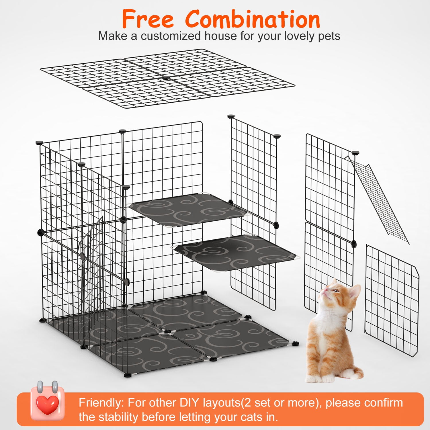 Zorpupoa 1Pc 2-Tier Cat Cage Playpen for Indoor Small Pets Detachable Cat Kennel House with Climbing Ladder 2 Doors, Multi-Level Enclosure for 1-2 Cats  Ferrets  Squirrels  Rabbits,Black