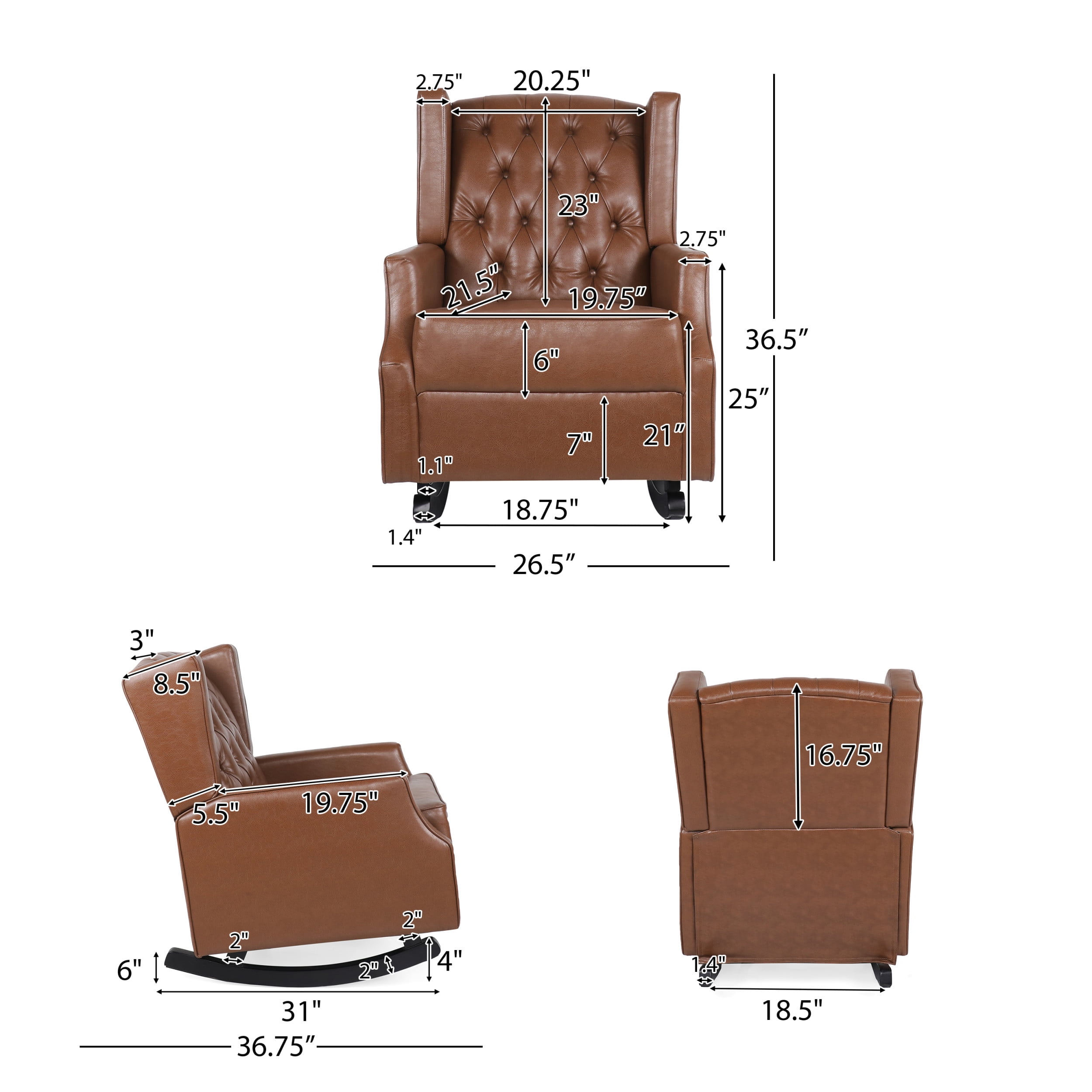 Noble House Dobles Faux Leather Tufted Wingback Rocking Chair, Cognac Brown and Dark Brown