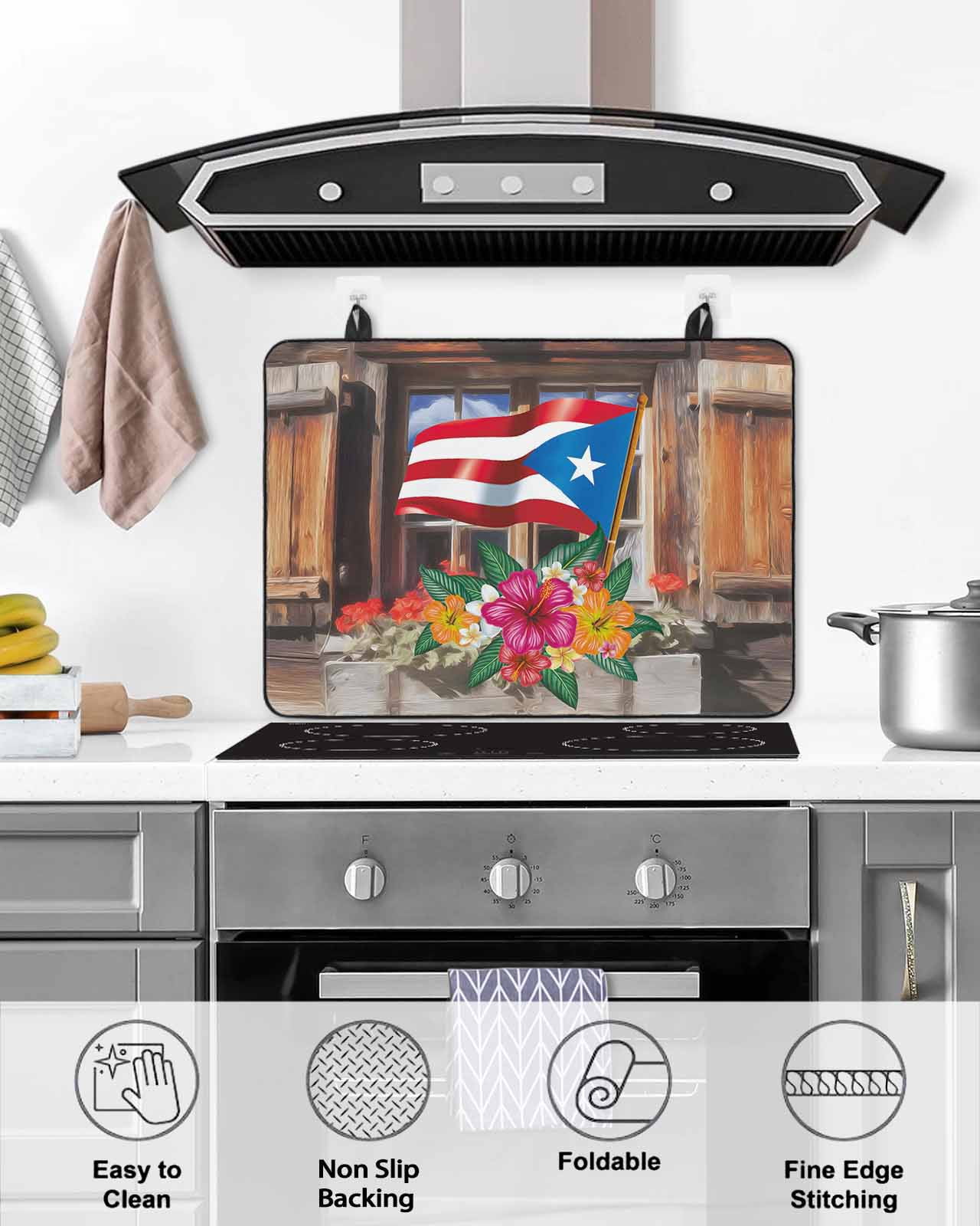 Large Induction Cooktop Protector Mat Puerto Rico Flag Stove Top Covers for Electric Stove, Farmhouse Retro Flowers American Flags Decorative Stove Burner Cover Mats, Glass Top Stove Cover