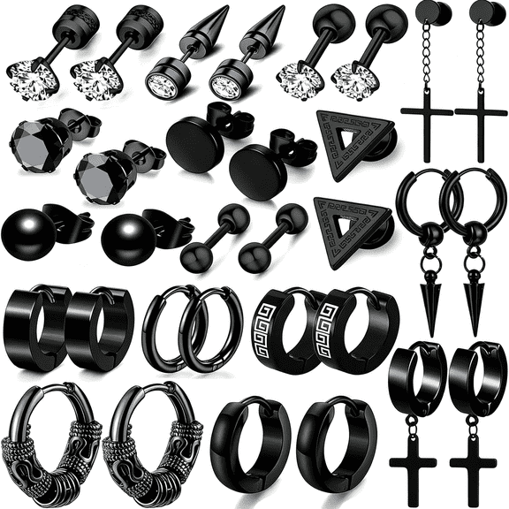 DESIGNICE 16 Pairs of Men's Black Earrings, Stainless Steel Cross and Dumbbell Hoop Earring Set for Daily or Party